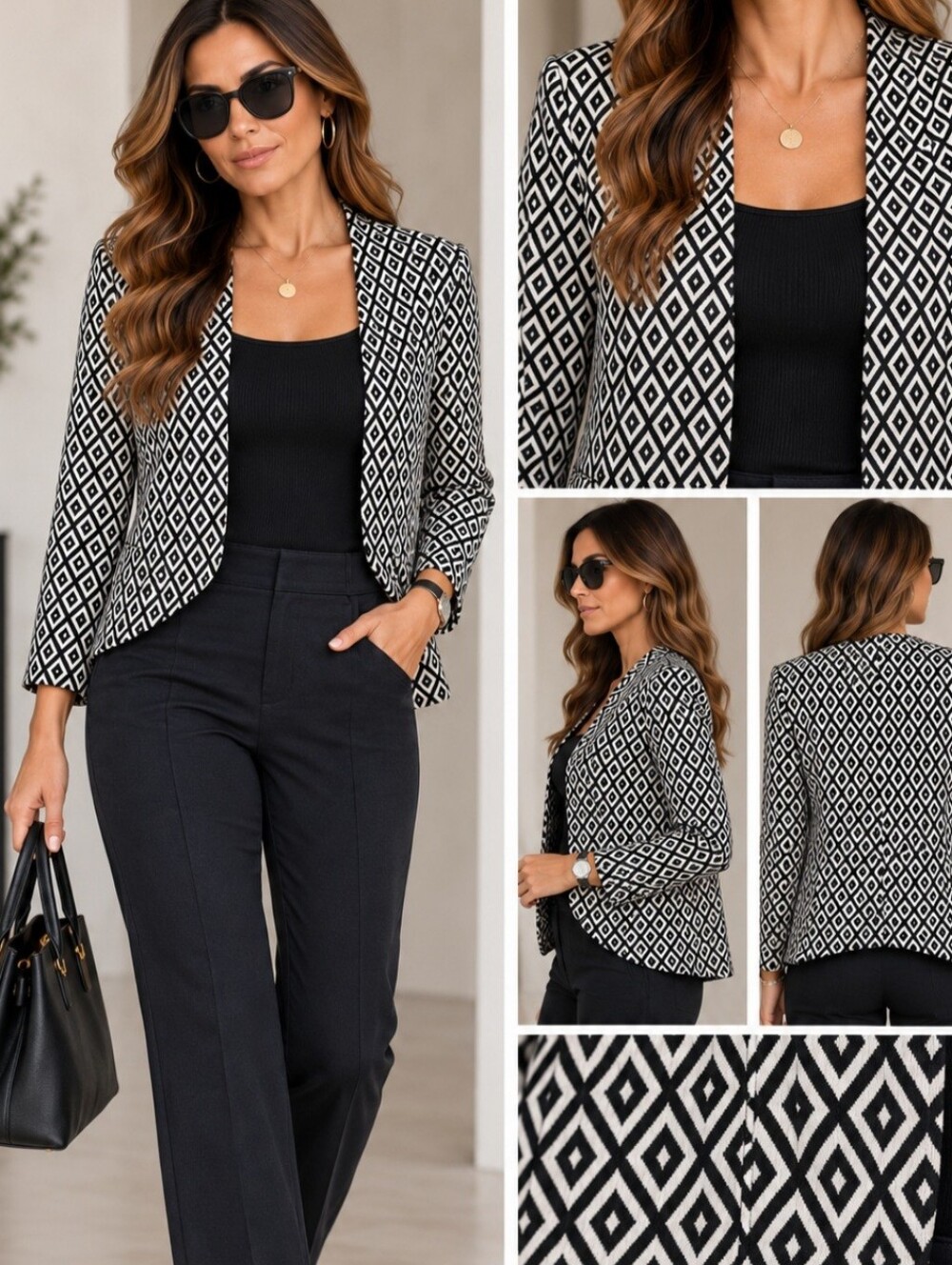 a'gaci Black and White Diamond-Pattern Open Blazer